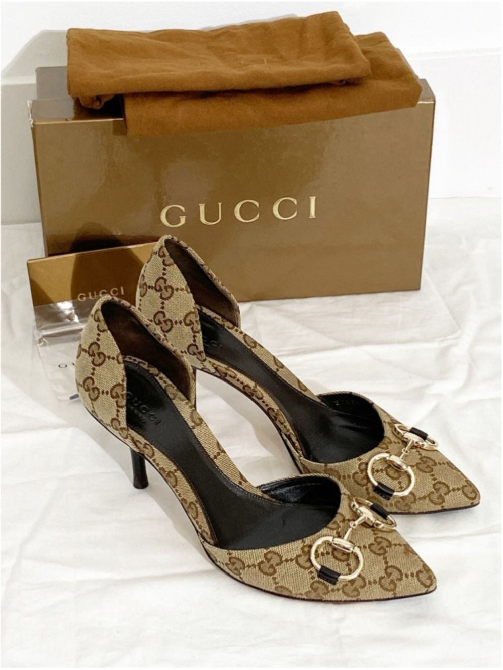 Gucci Tom Ford Era D'Orsay Horsebit heel GG Monogram pumps size 38.5